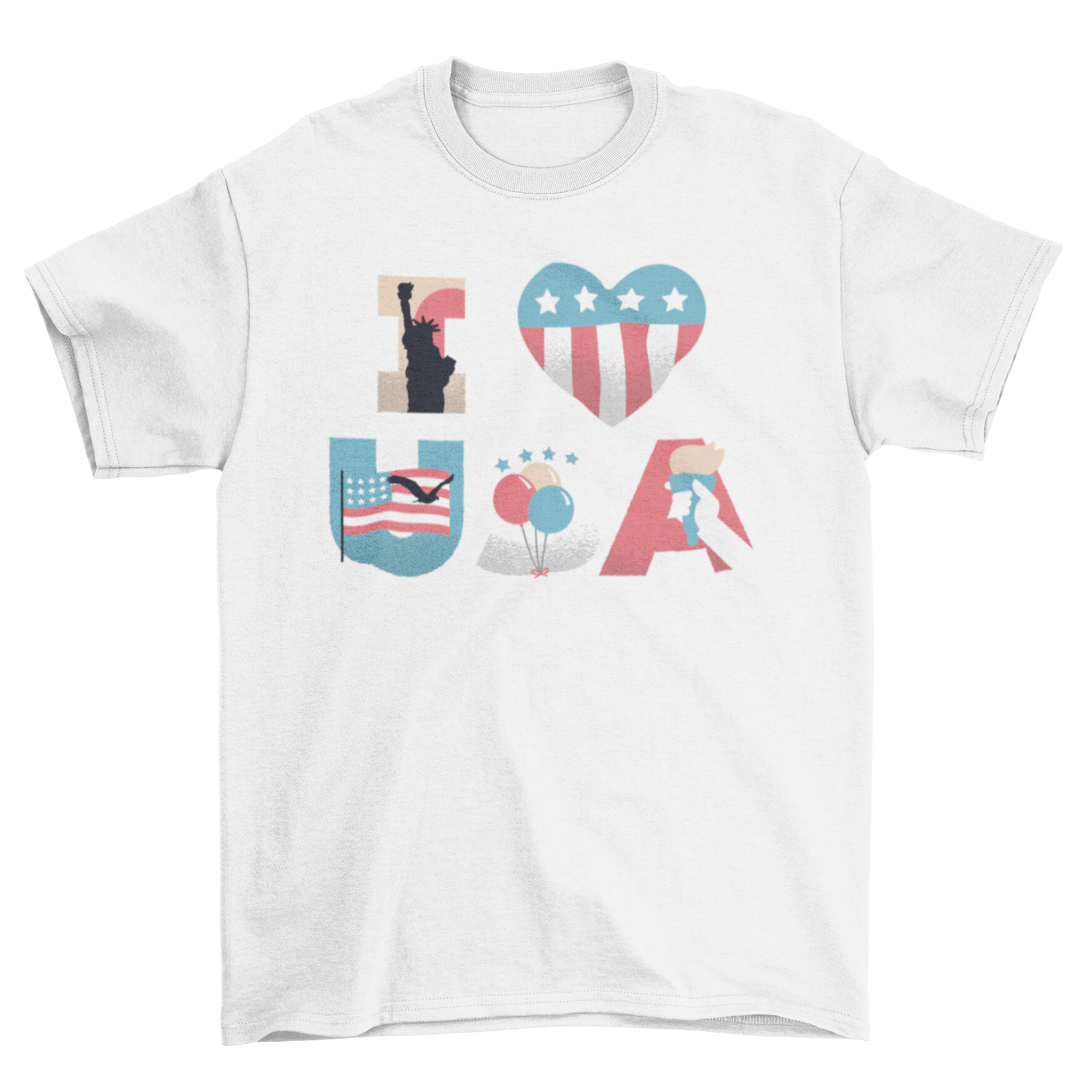 I Love USA T-shirt featuring iconic American landmarks and vibrant design.