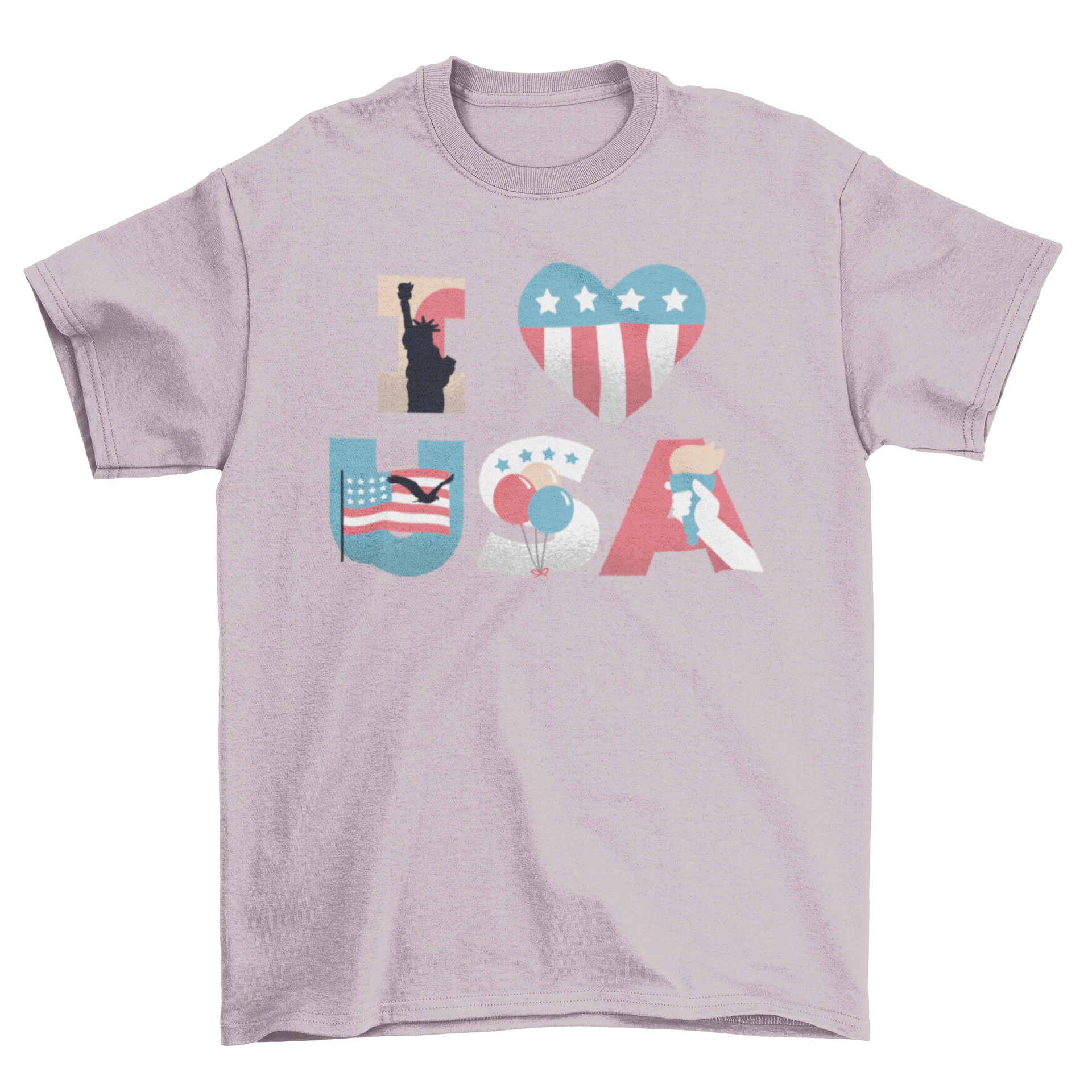 I Love USA T-shirt featuring iconic American landmarks and vibrant design.