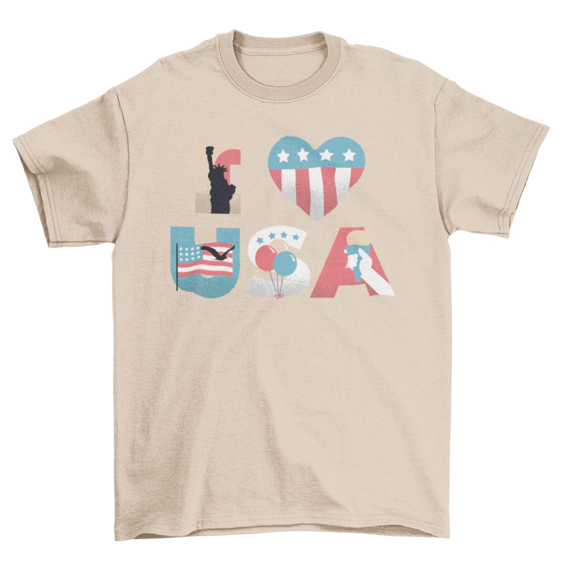 I Love USA T-shirt featuring iconic American landmarks and vibrant design.