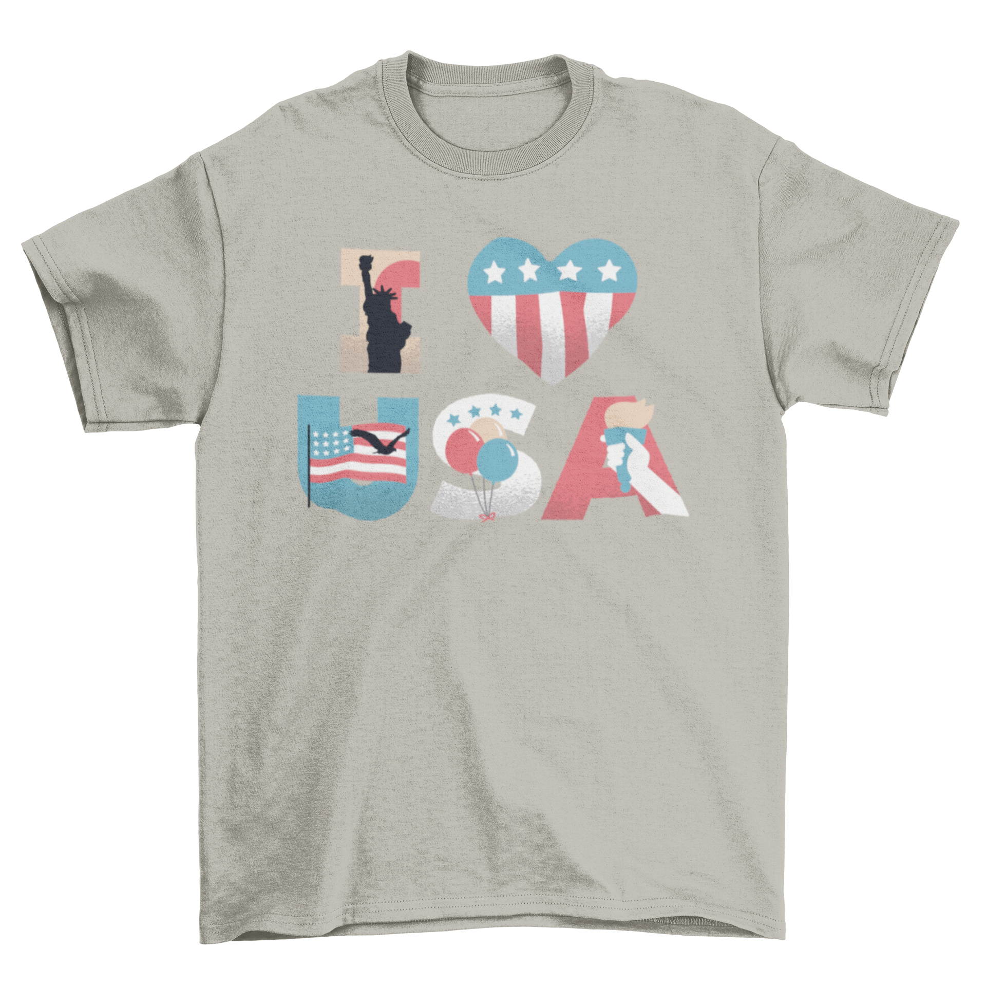 I Love USA T-shirt featuring iconic American landmarks and vibrant design.