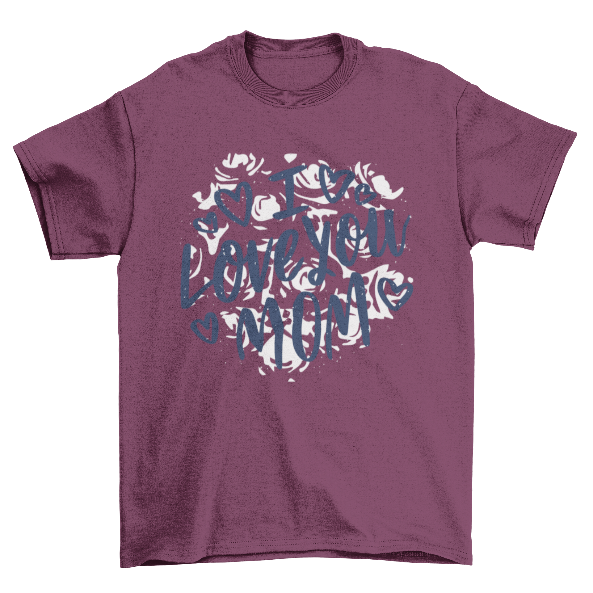 I Love You Mom T-shirt design featuring hearts and floral patterns.