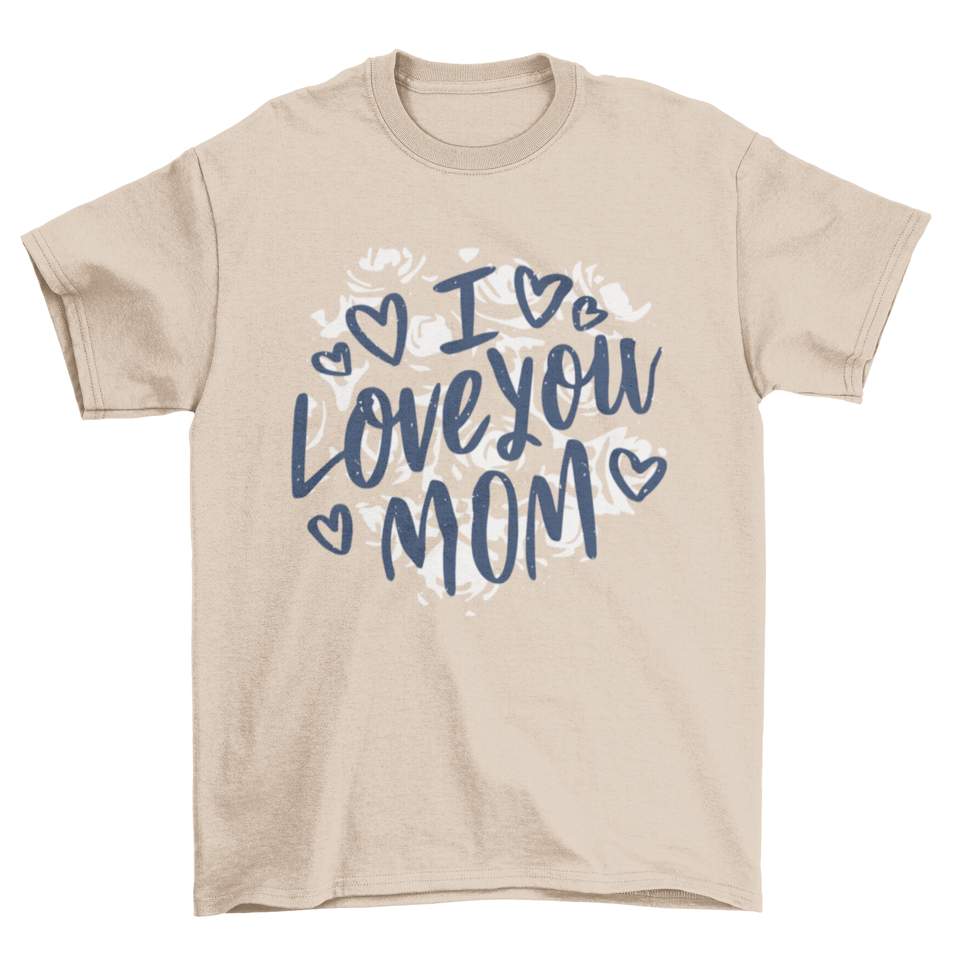 I Love You Mom T-shirt design featuring hearts and floral patterns.