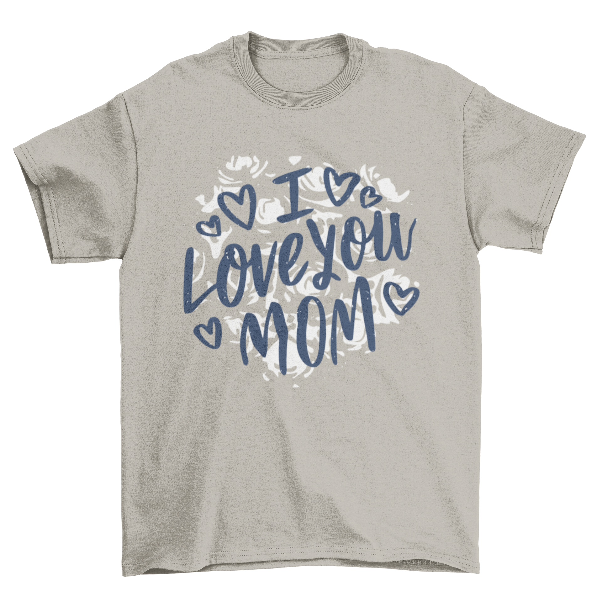 I Love You Mom T-shirt design featuring hearts and floral patterns.