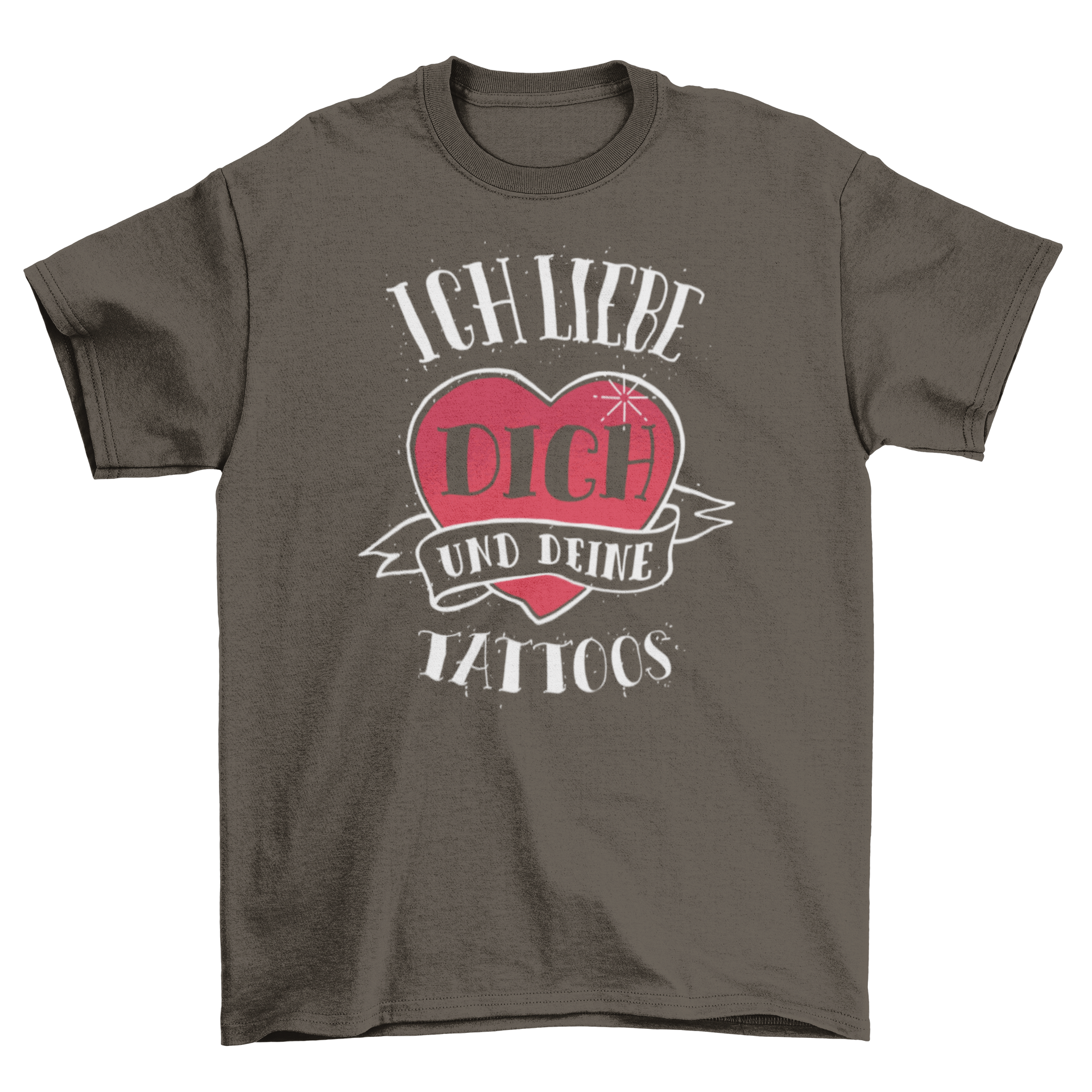 Vintage I Love You Tattoos T-shirt design featuring German lettering and a heart with a blue ribbon illustration.