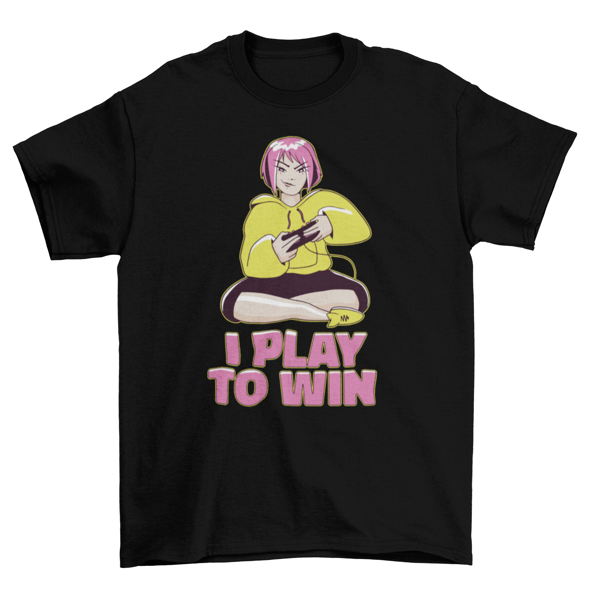 A stylish t-shirt featuring a girl playing video games with the caption 'I Play to Win', perfect for gamers.