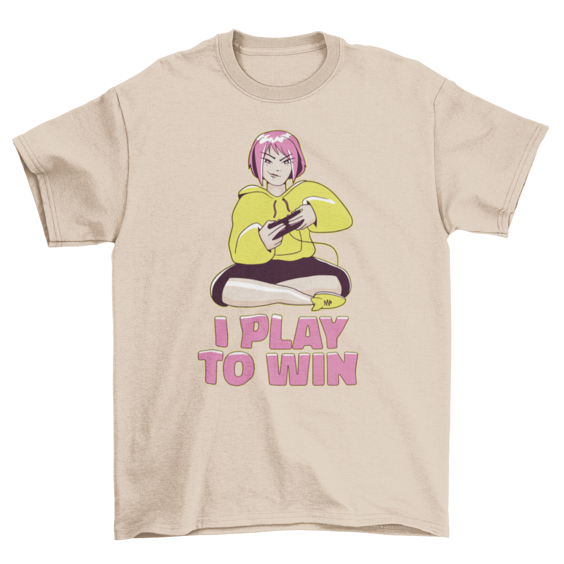 A stylish t-shirt featuring a girl playing video games with the caption 'I Play to Win', perfect for gamers.