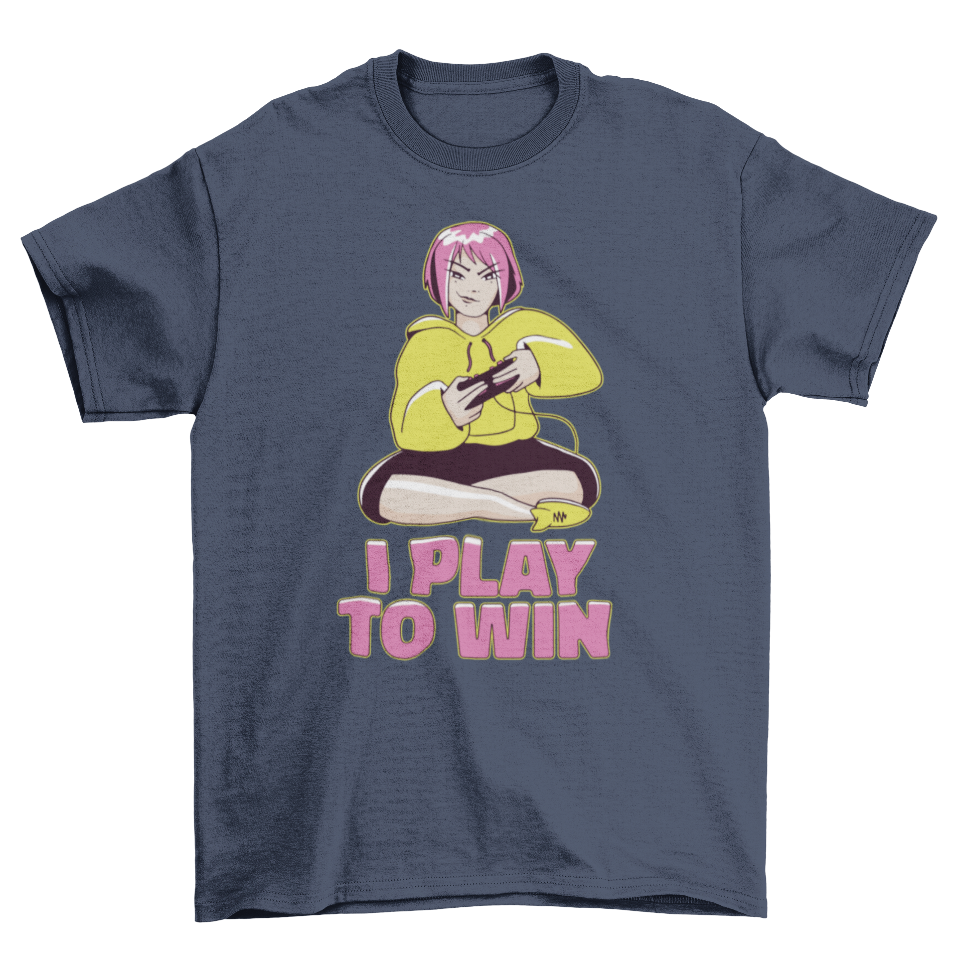 A stylish t-shirt featuring a girl playing video games with the caption 'I Play to Win', perfect for gamers.