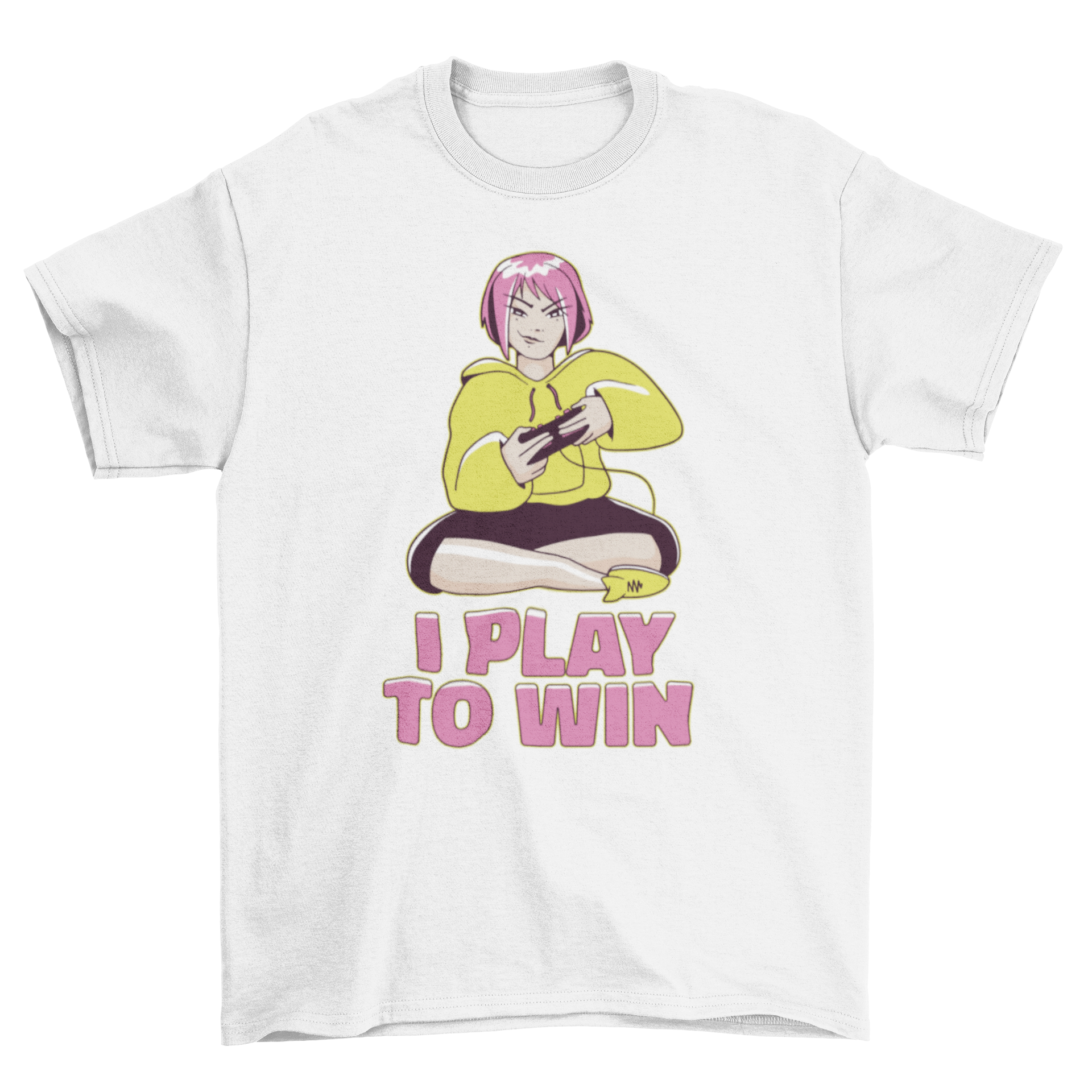 A stylish t-shirt featuring a girl playing video games with the caption 'I Play to Win', perfect for gamers.