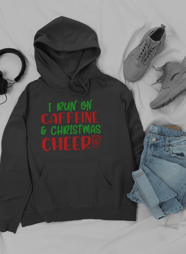 I Run On Caffeine Hoodie featuring a cozy fleece lining and adjustable hood, perfect for coffee lovers.