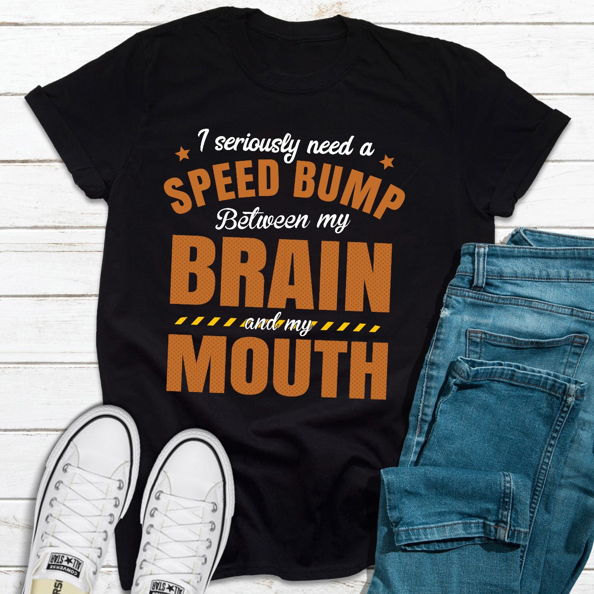 I Seriously Need A Speed Bump T-Shirt displayed on a mannequin, showcasing its soft cotton fabric and vibrant print.