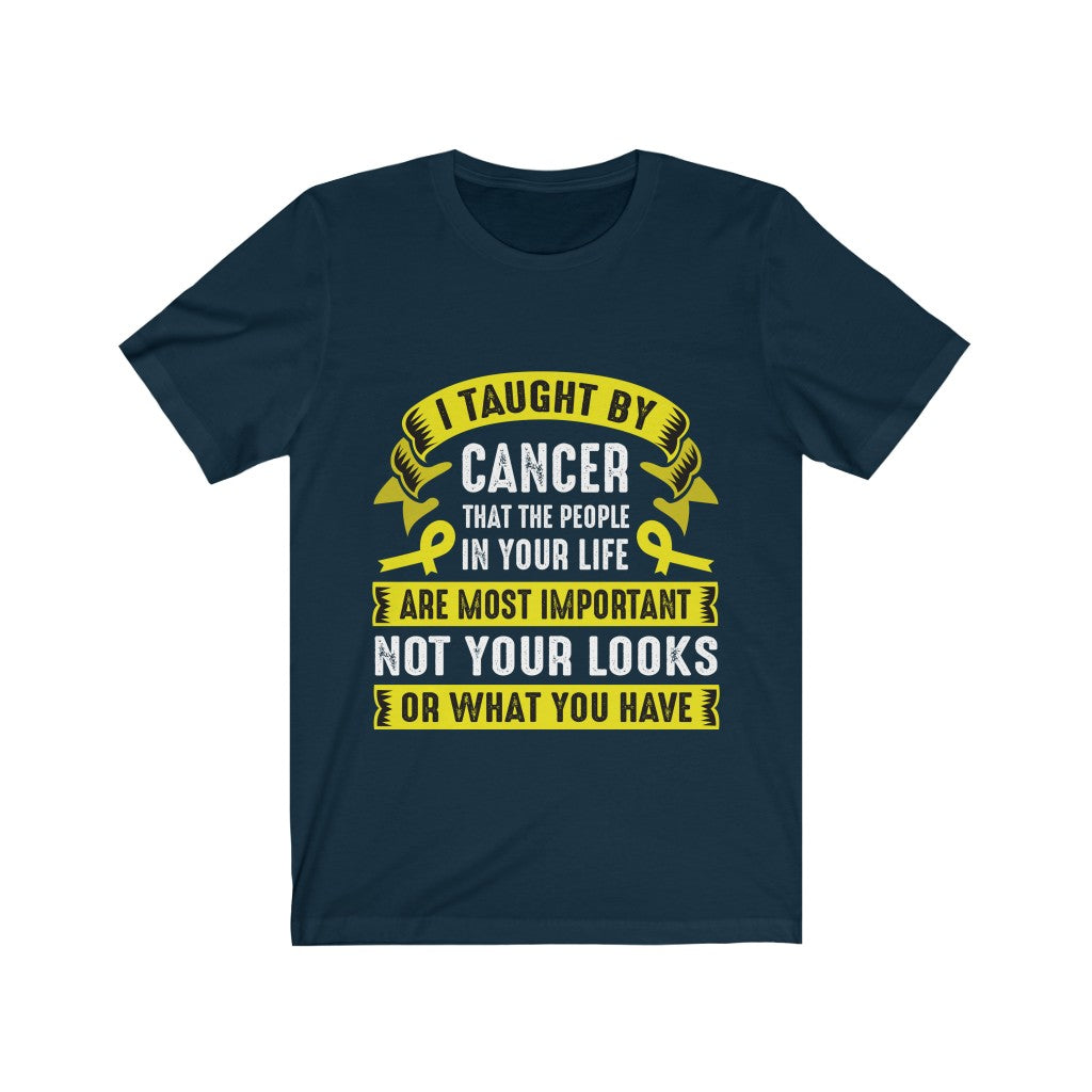 A soft cotton unisex t-shirt featuring the phrase 'I Thought By Cancer' in bold vinyl print, designed for comfort and style.