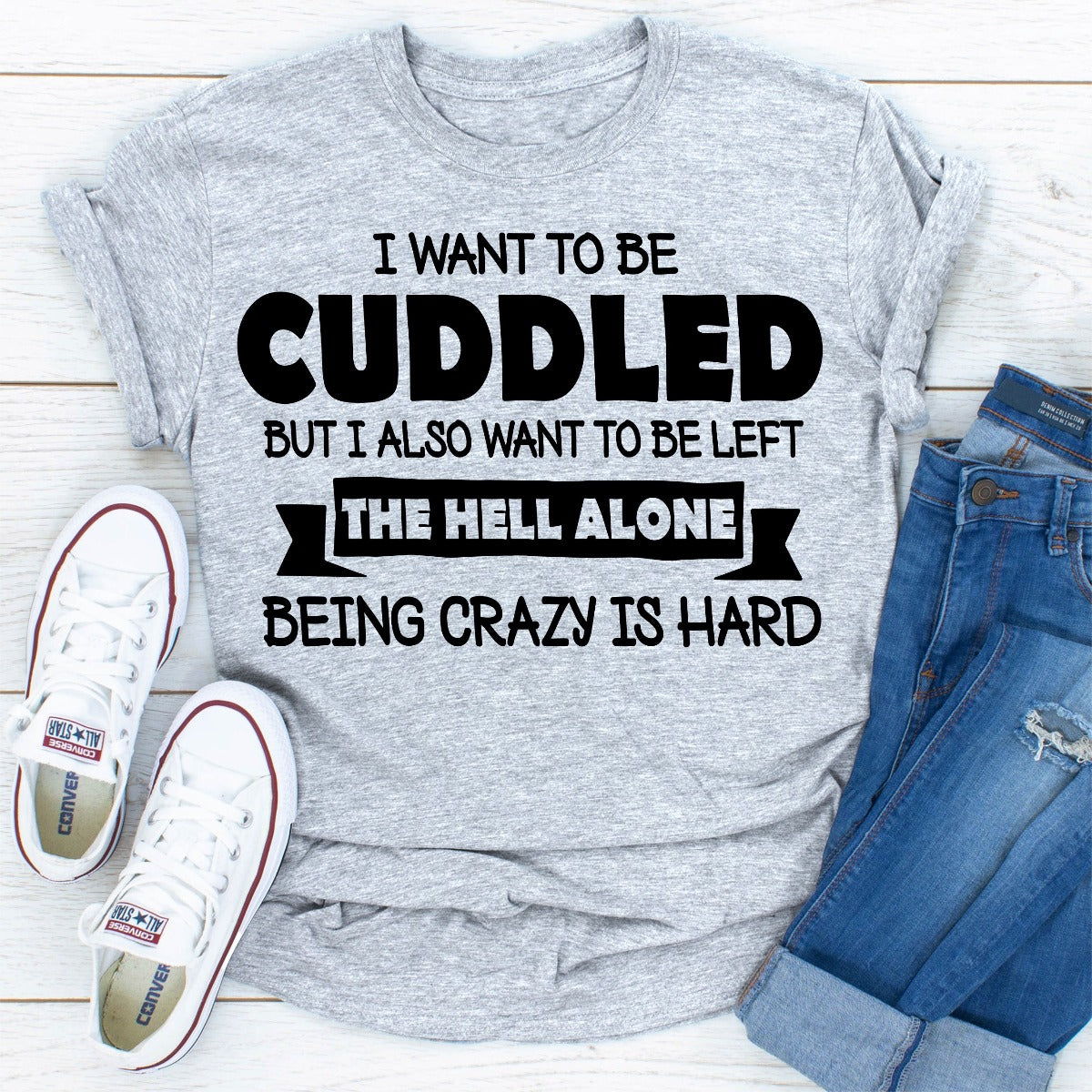 I Want To Be Cuddled T-Shirt in soft cotton, featuring double stitching and a playful design.