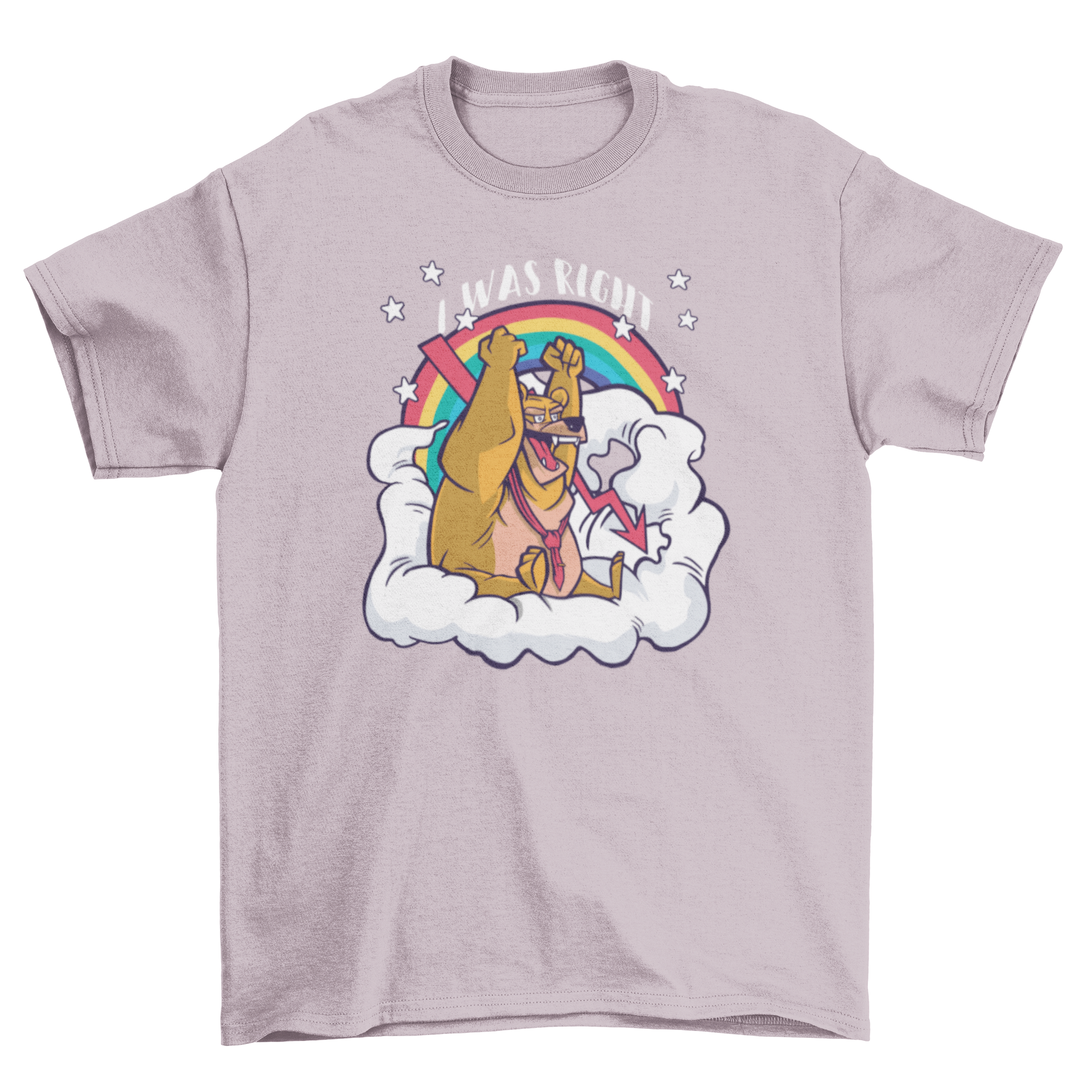 A stylish t-shirt featuring a bear in a cloud with the quote 'I was right', showcasing a unique and playful design.