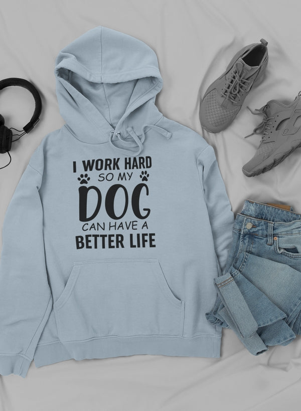 A cozy I Work Hard so My Dog Can Hoodie featuring a stylish design, perfect for dog lovers, made from a warm cotton/poly fleece blend.