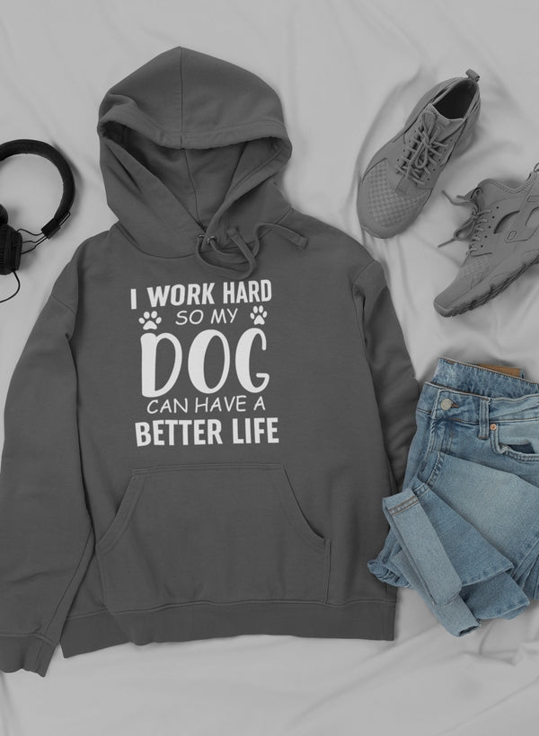 A cozy I Work Hard so My Dog Can Hoodie featuring a stylish design, perfect for dog lovers, made from a warm cotton/poly fleece blend.