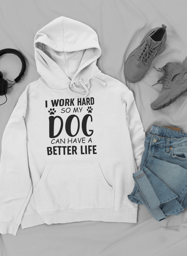 A cozy I Work Hard so My Dog Can Hoodie featuring a stylish design, perfect for dog lovers, made from a warm cotton/poly fleece blend.