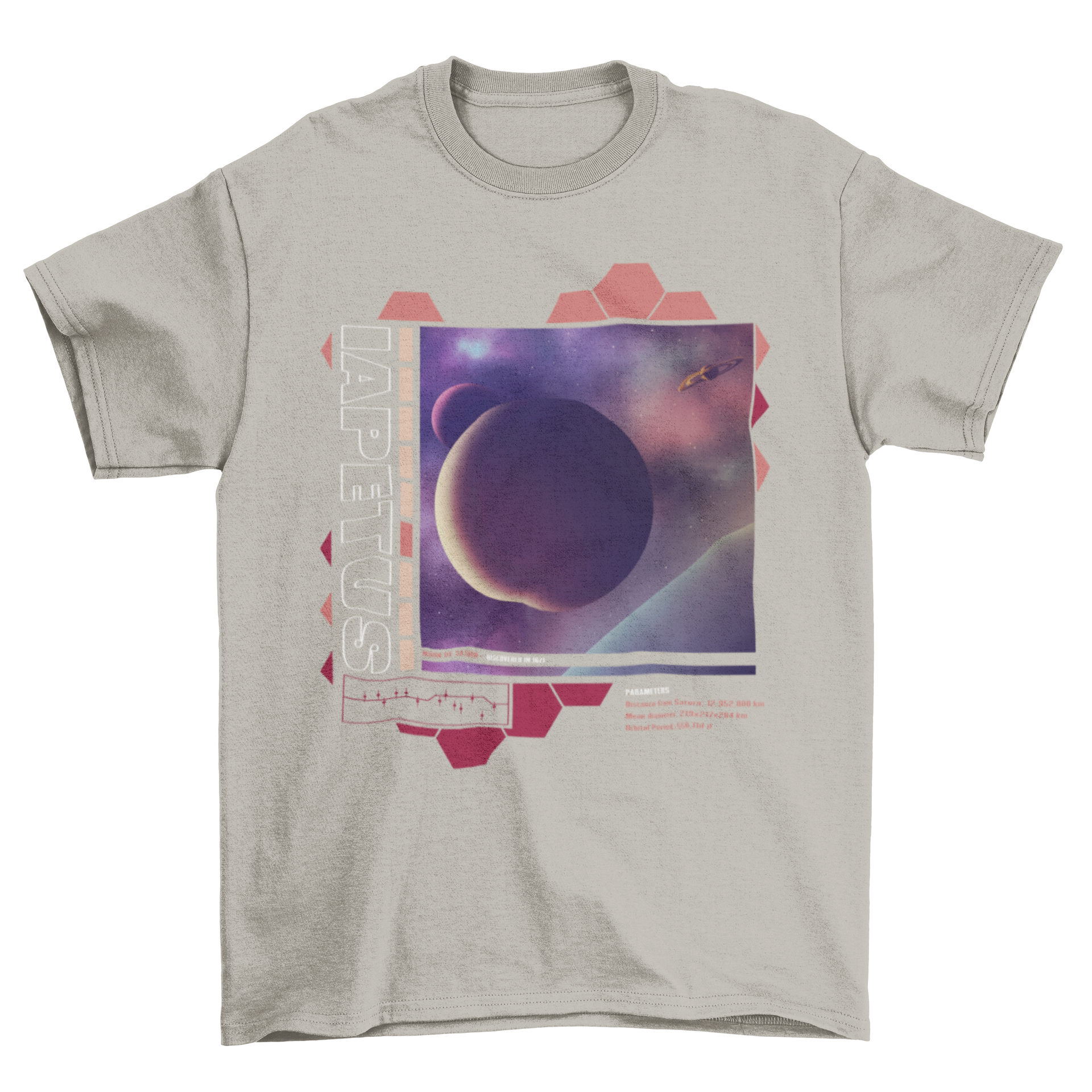 Iapetus moon of Saturn t-shirt featuring a realistic design of the moon in vibrant colors.