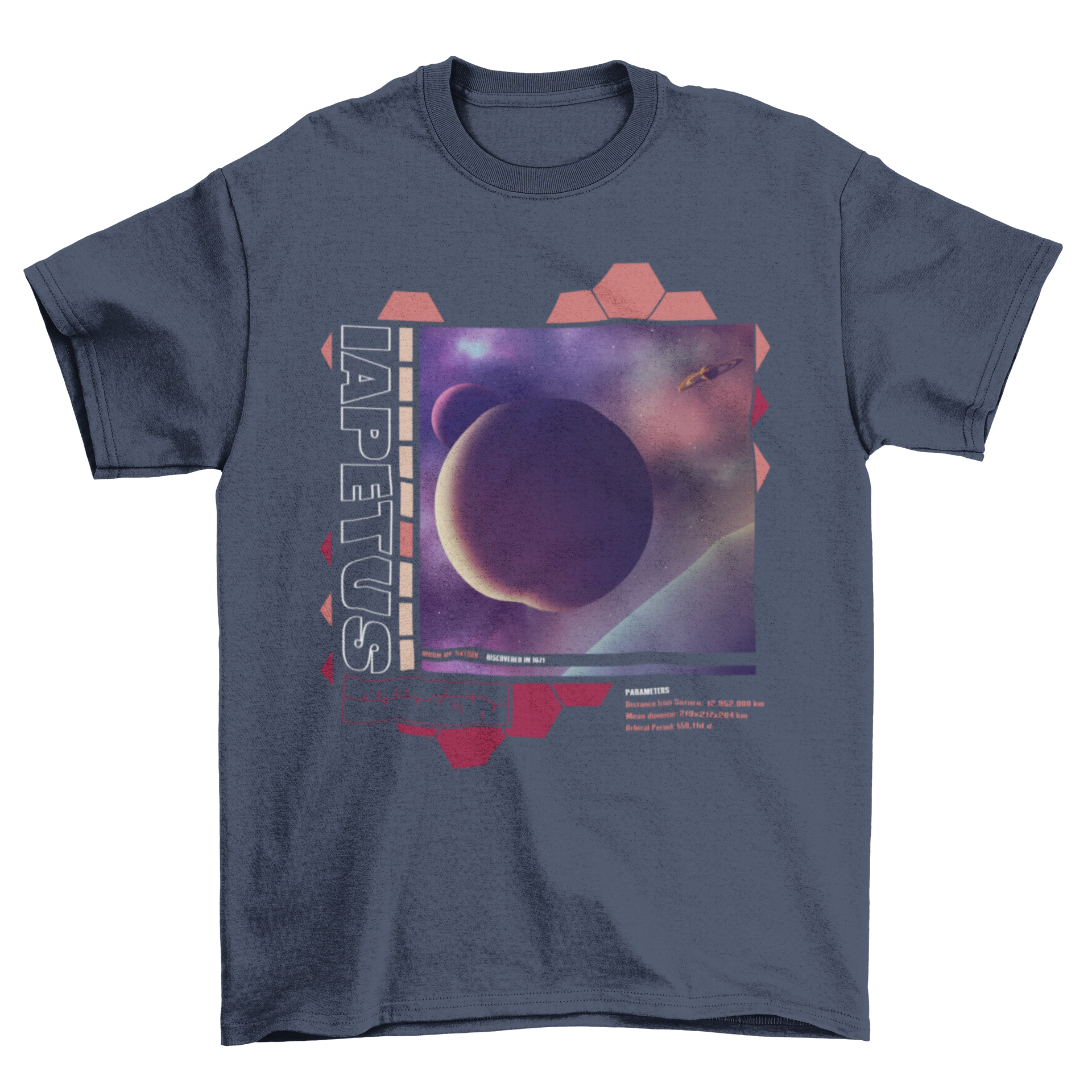 Iapetus moon of Saturn t-shirt featuring a realistic design of the moon in vibrant colors.