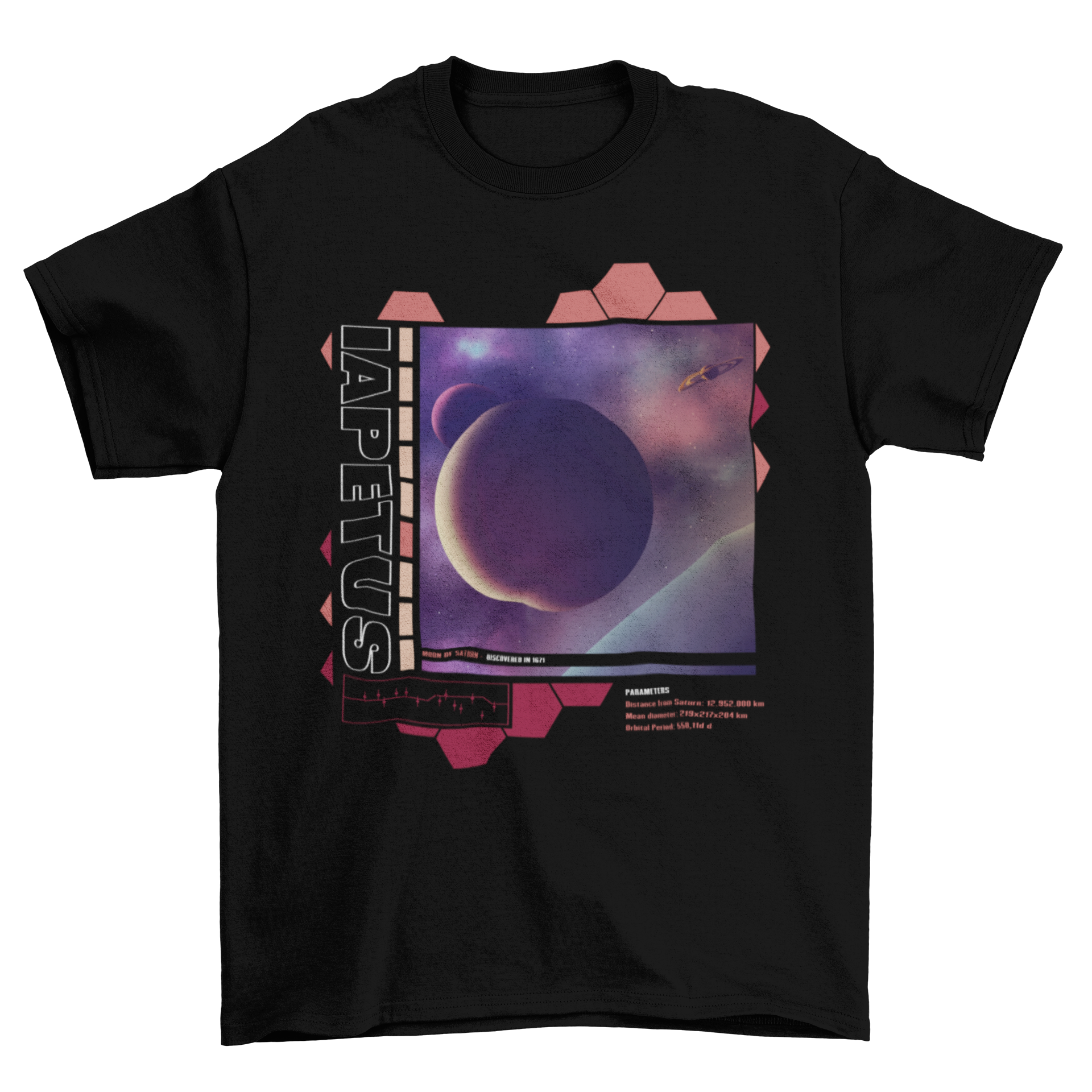 Iapetus moon of Saturn t-shirt featuring a realistic design of the moon in vibrant colors.