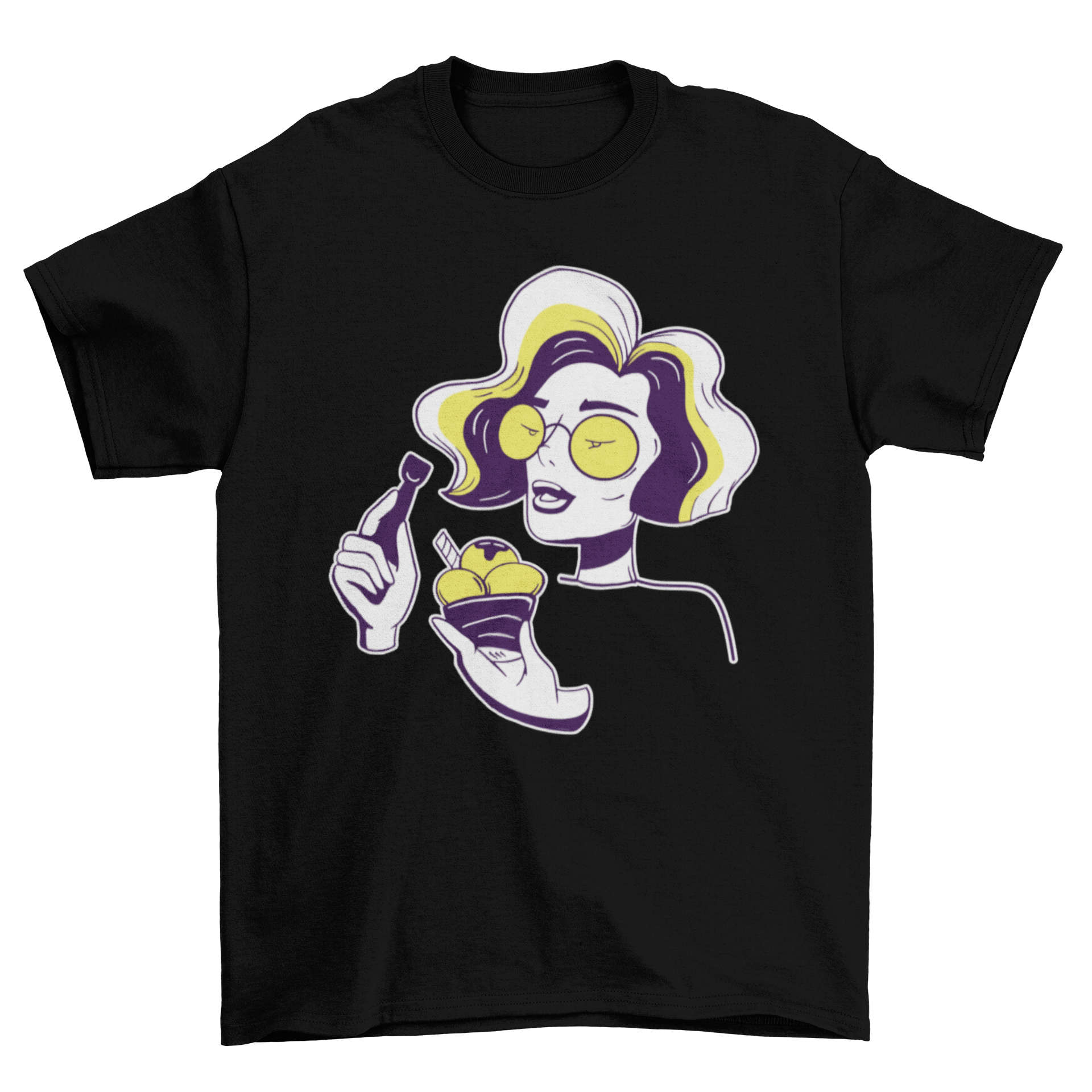 A stylish Ice Cream Girl T-shirt featuring a cool girl enjoying ice cream, perfect for summer wear.