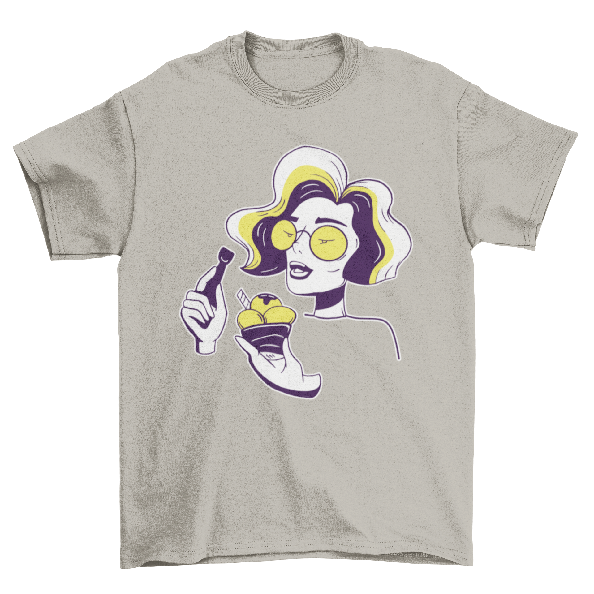 A stylish Ice Cream Girl T-shirt featuring a cool girl enjoying ice cream, perfect for summer wear.