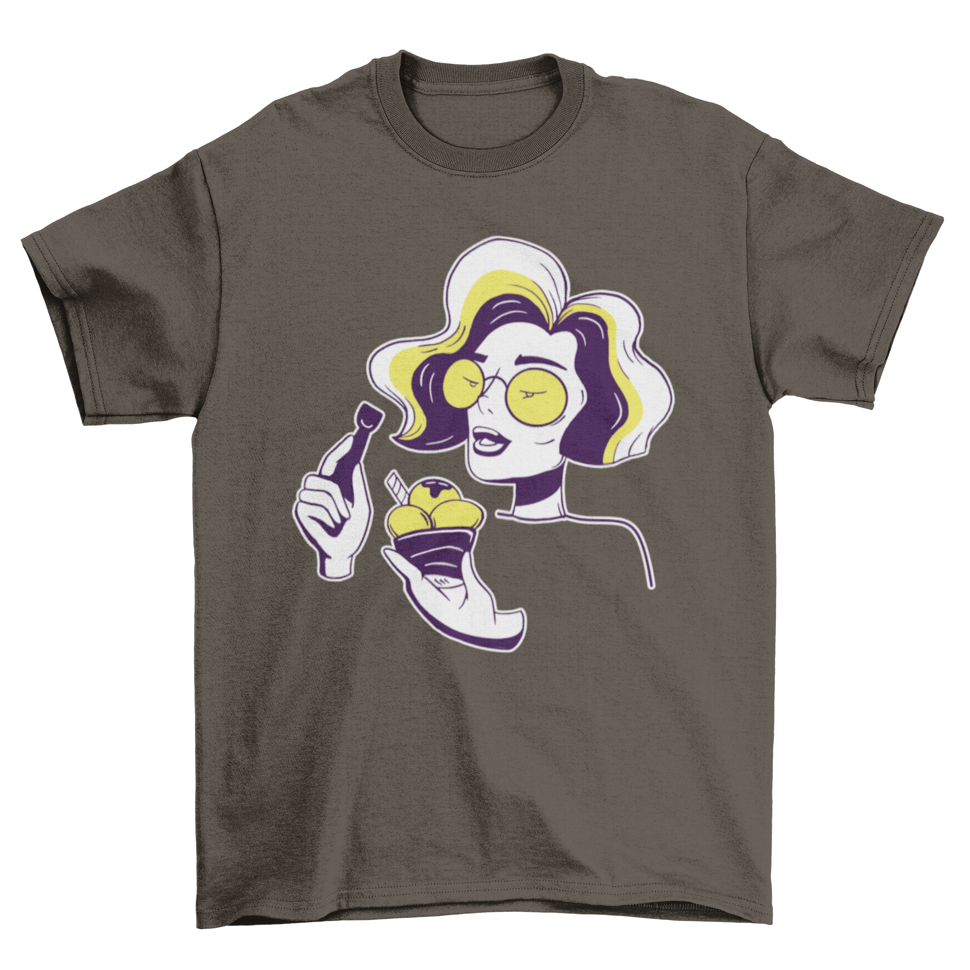 A stylish Ice Cream Girl T-shirt featuring a cool girl enjoying ice cream, perfect for summer wear.