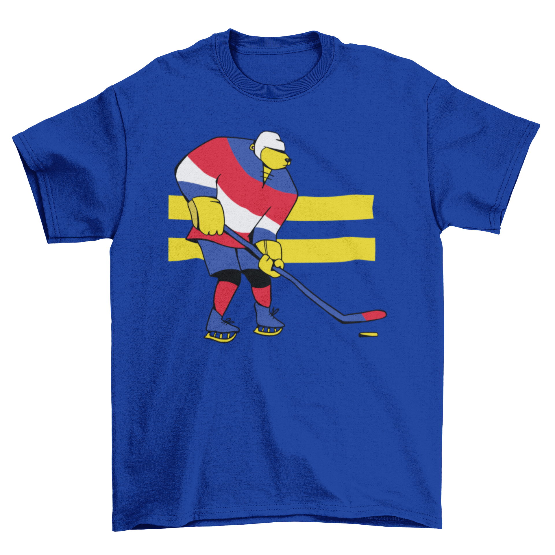 A stylish t-shirt featuring a bear playing ice hockey, showcasing vibrant colors and a unique design.