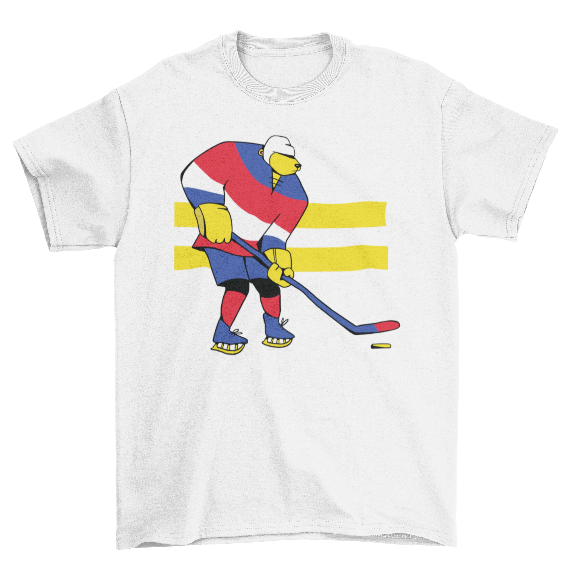 A stylish t-shirt featuring a bear playing ice hockey, showcasing vibrant colors and a unique design.