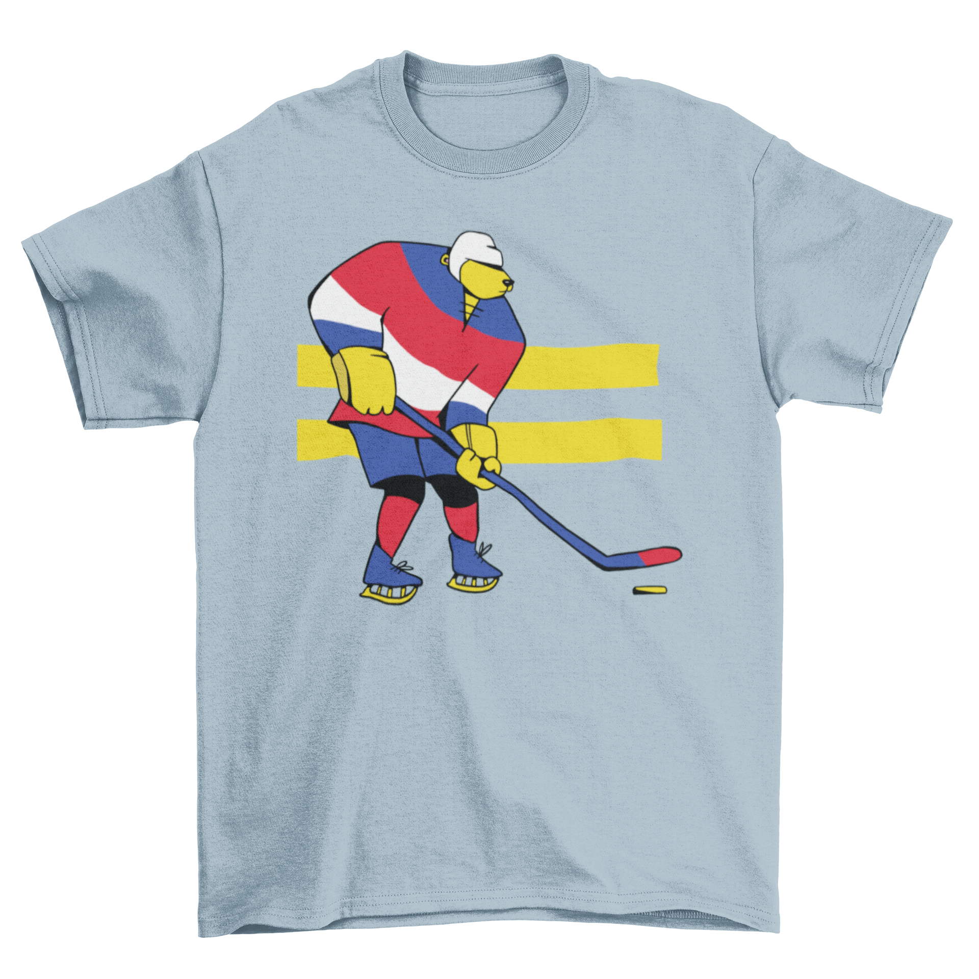 A stylish t-shirt featuring a bear playing ice hockey, showcasing vibrant colors and a unique design.