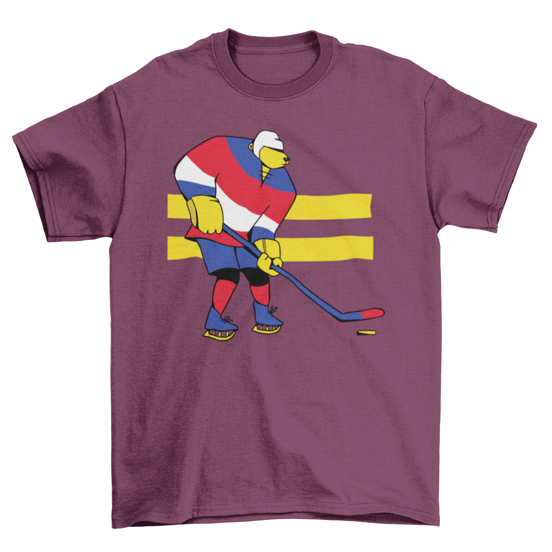 A stylish t-shirt featuring a bear playing ice hockey, showcasing vibrant colors and a unique design.