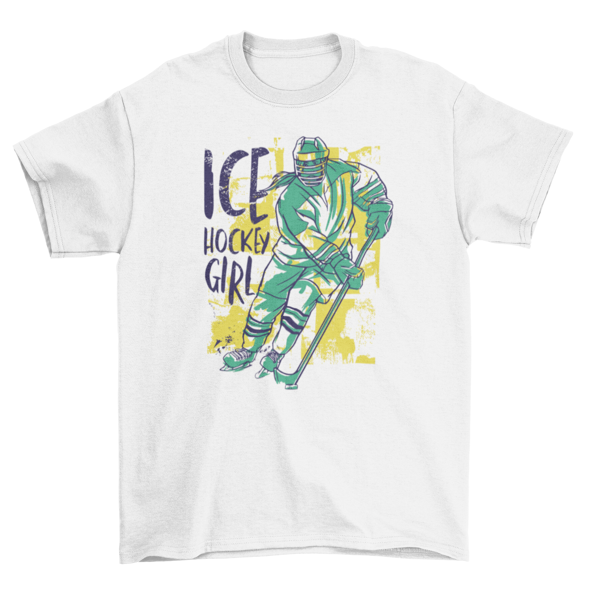 Ice hockey girl t-shirt featuring a vibrant illustration of a female ice hockey player with the caption 'Ice Hockey Girl'.