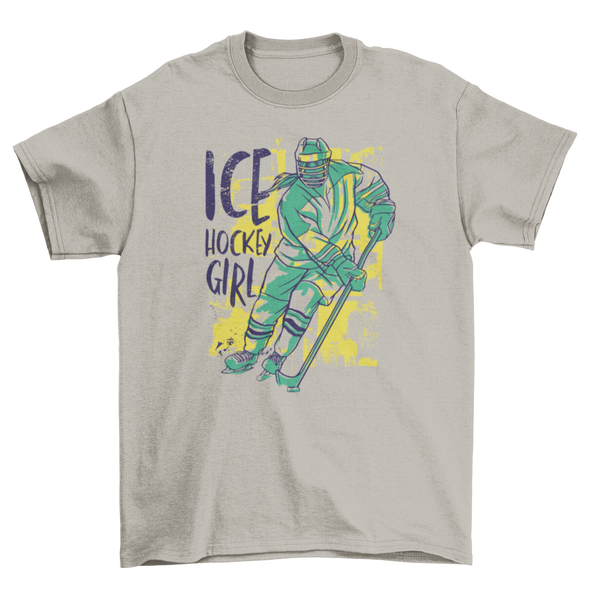 Ice hockey girl t-shirt featuring a vibrant illustration of a female ice hockey player with the caption 'Ice Hockey Girl'.