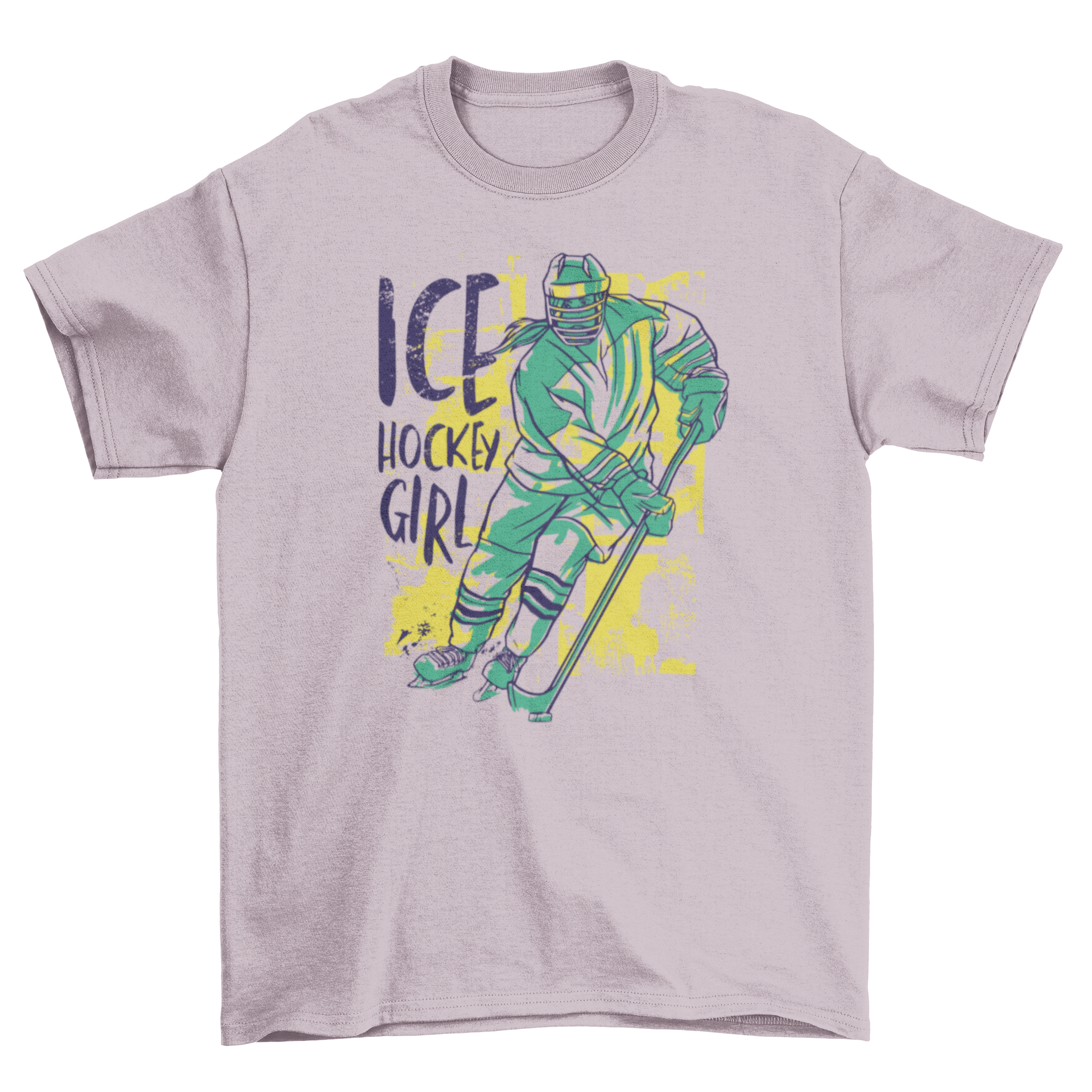 Ice hockey girl t-shirt featuring a vibrant illustration of a female ice hockey player with the caption 'Ice Hockey Girl'.