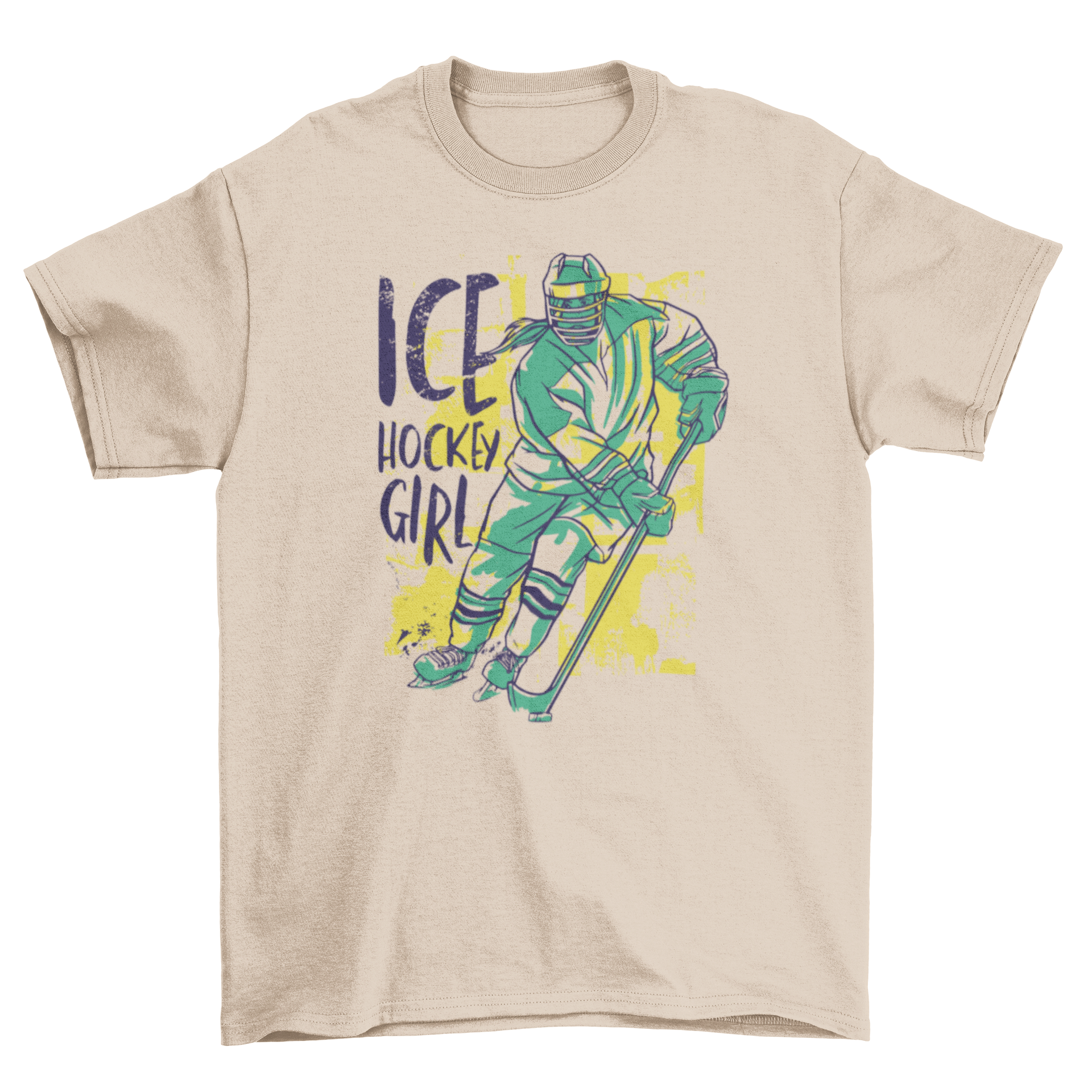 Ice hockey girl t-shirt featuring a vibrant illustration of a female ice hockey player with the caption 'Ice Hockey Girl'.