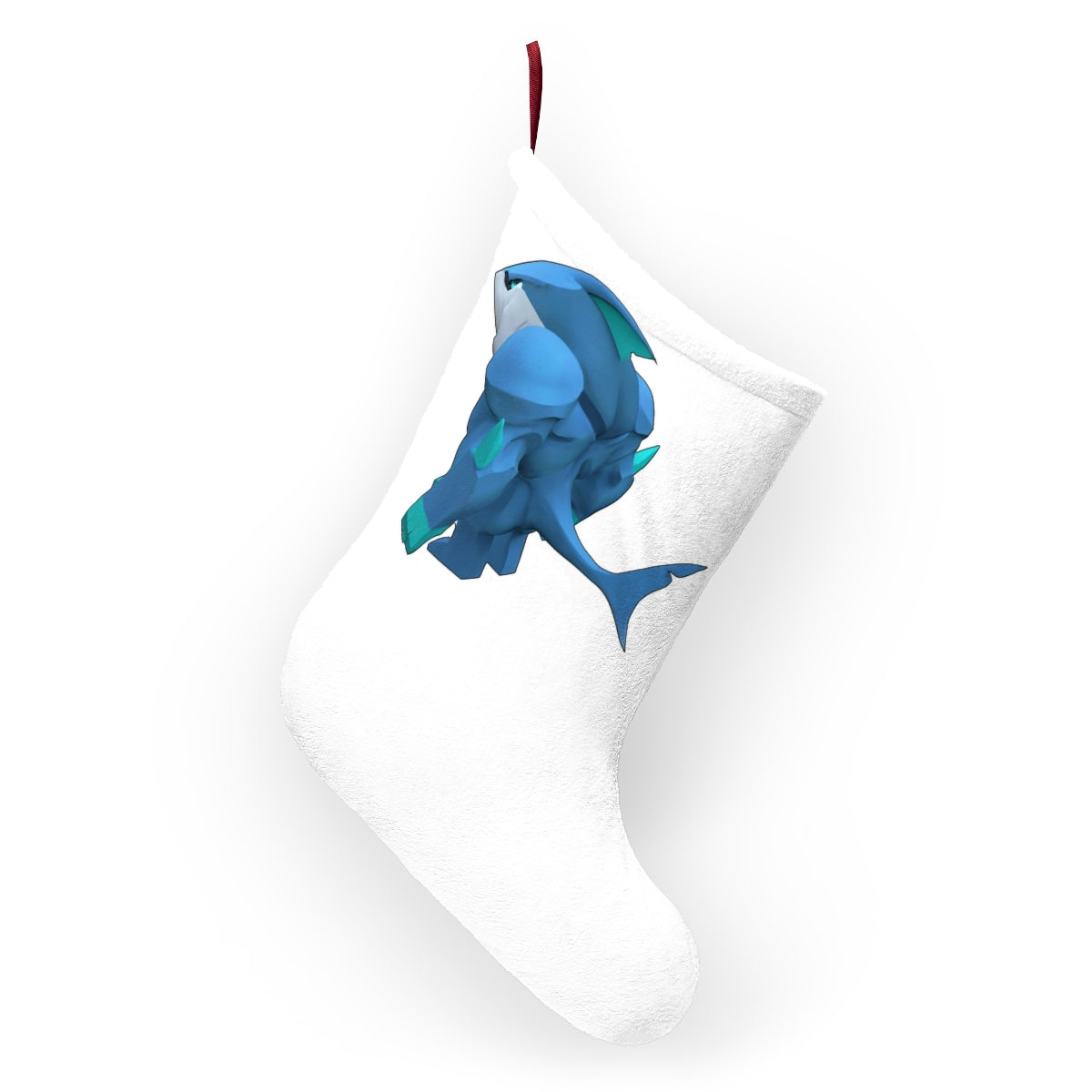 Ice Shark Christmas Stockings featuring custom prints, soft fleece material, and a twill ribbon hanging loop, perfect for holiday decor.