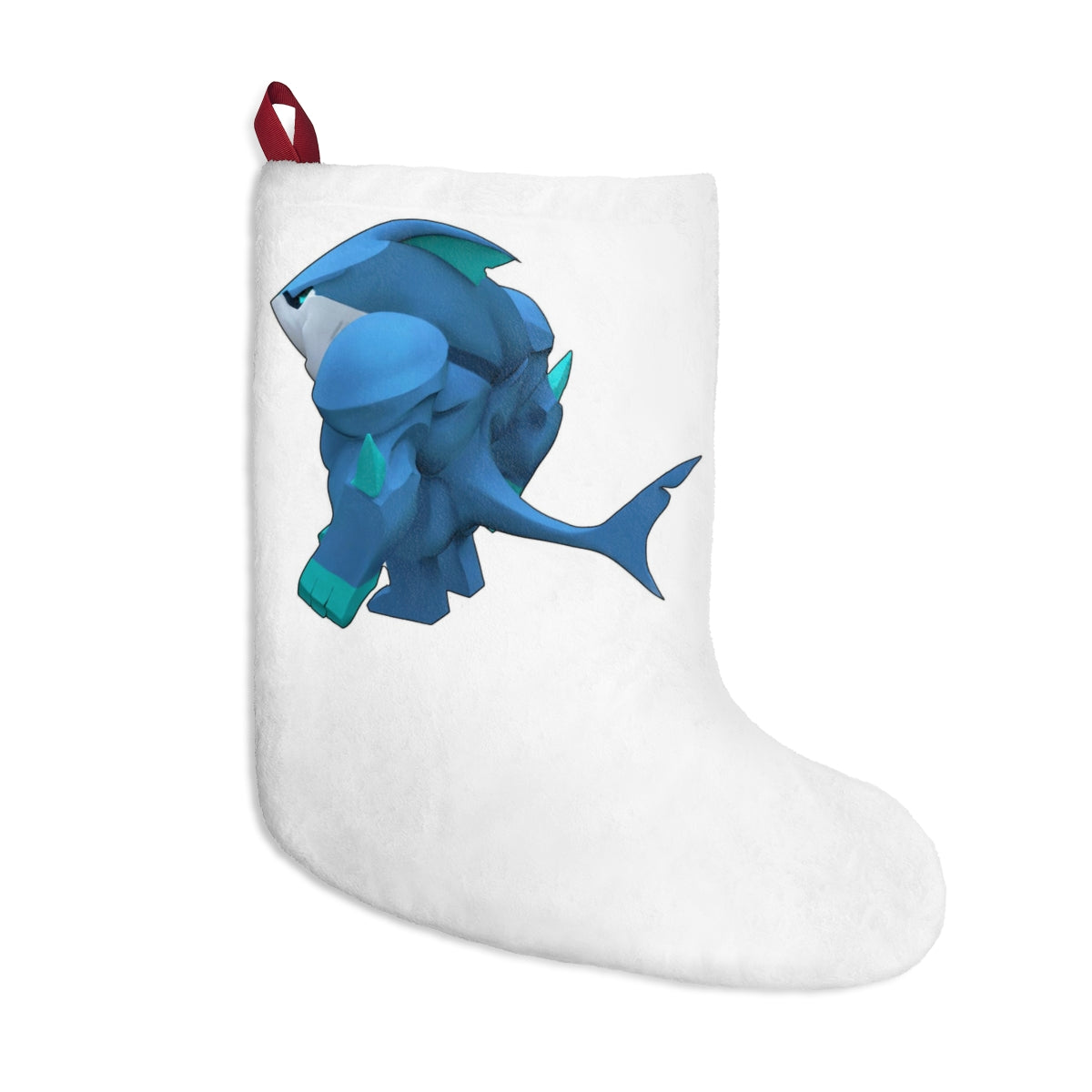 Ice Shark Christmas Stockings featuring custom prints, soft fleece material, and a twill ribbon hanging loop, perfect for holiday decor.