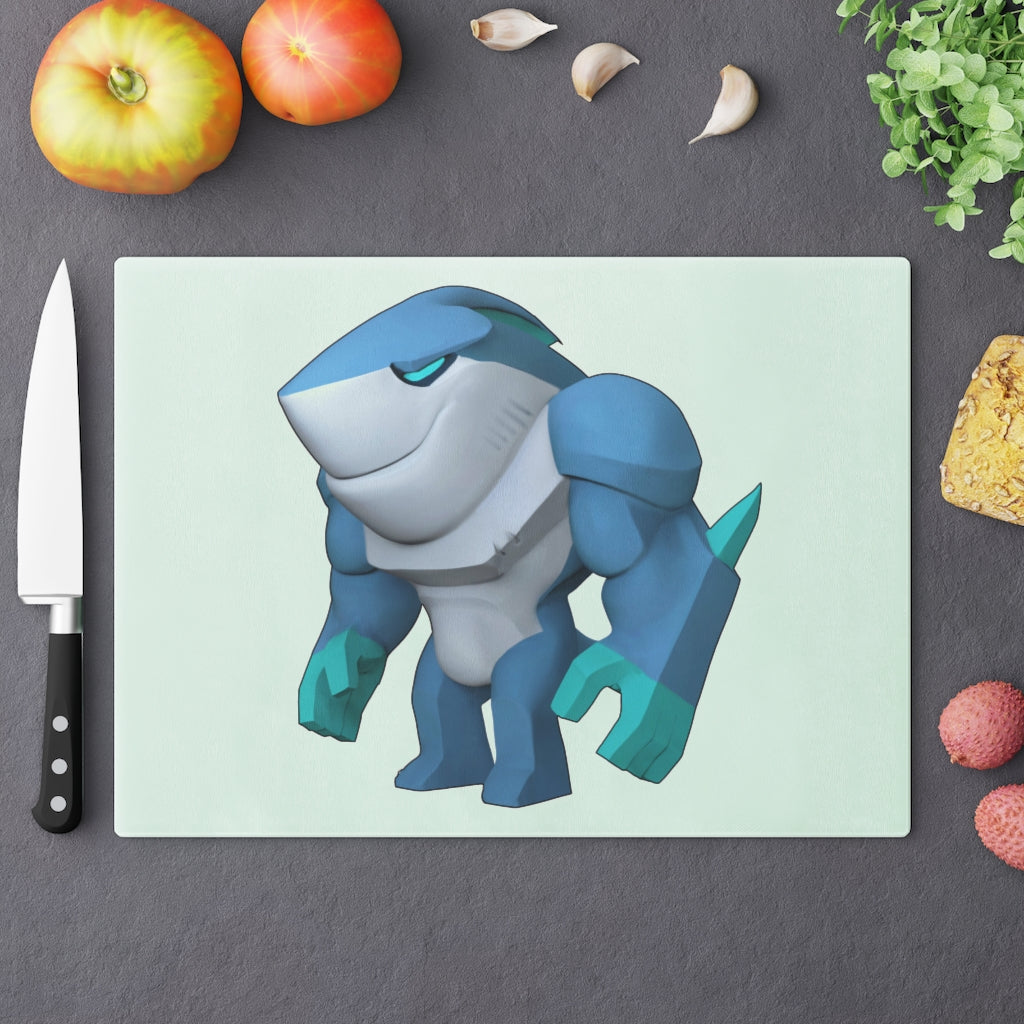 Ice Shark Cutting Board made of tempered glass with rubber dots for stability, showcasing a stylish design suitable for any kitchen.