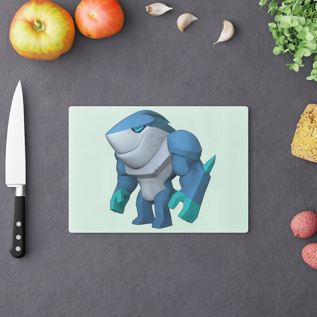 Ice Shark Cutting Board made of tempered glass with rubber dots for stability, showcasing a stylish design suitable for any kitchen.