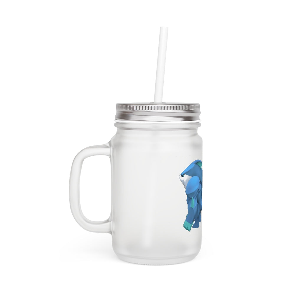 Ice Shark Mason Jar with straw and lid, made of frosted glass, perfect for personalized drinks.