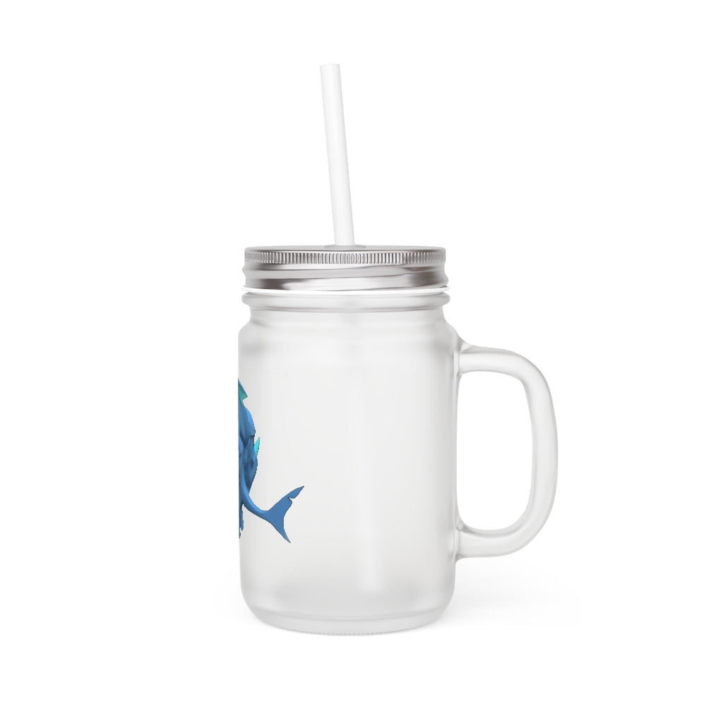 Ice Shark Mason Jar with straw and lid, made of frosted glass, perfect for personalized drinks.