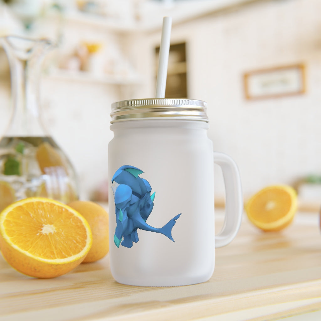 Ice Shark Mason Jar with straw and lid, made of frosted glass, perfect for personalized drinks.