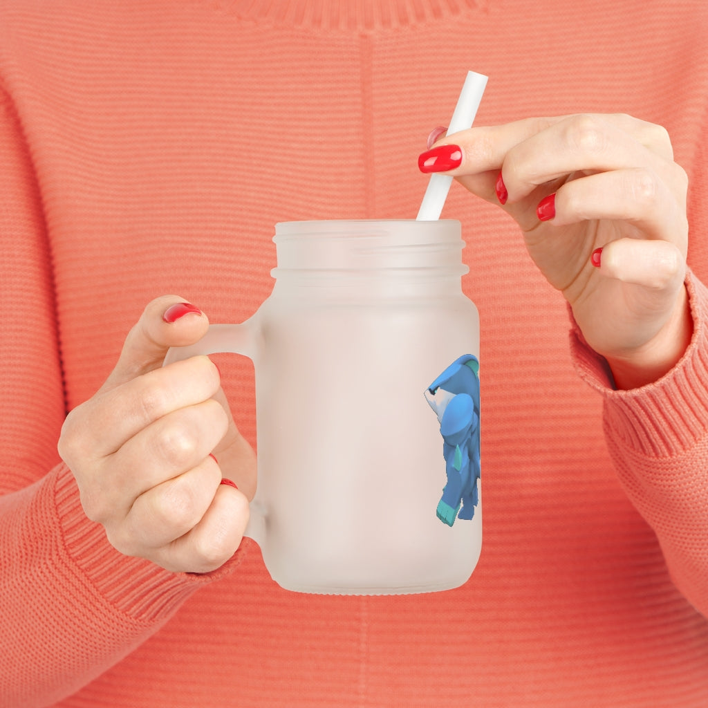 Ice Shark Mason Jar with straw and lid, made of frosted glass, perfect for personalized drinks.