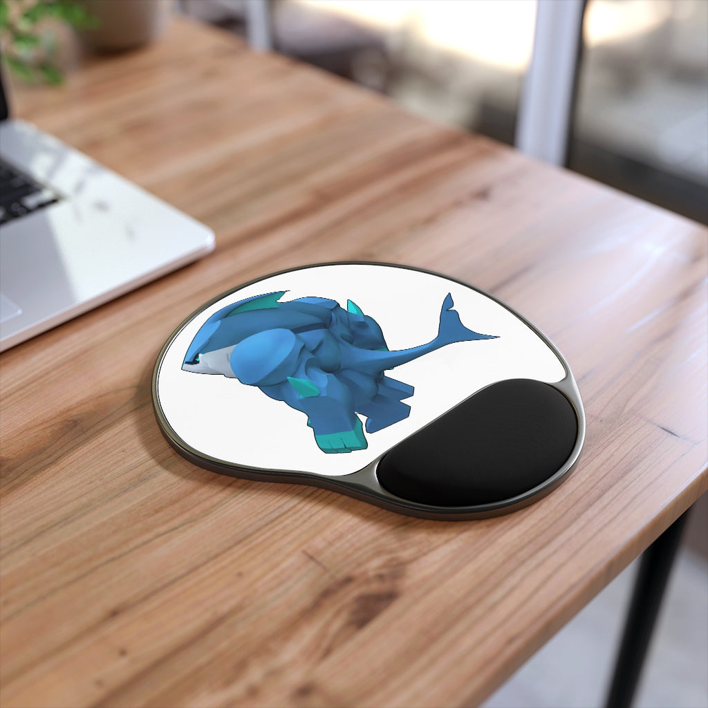 Ice Shark Mouse Pad with ergonomic Memory Foam wrist rest and customizable neoprene insert, featuring a foot-shaped black plastic base.