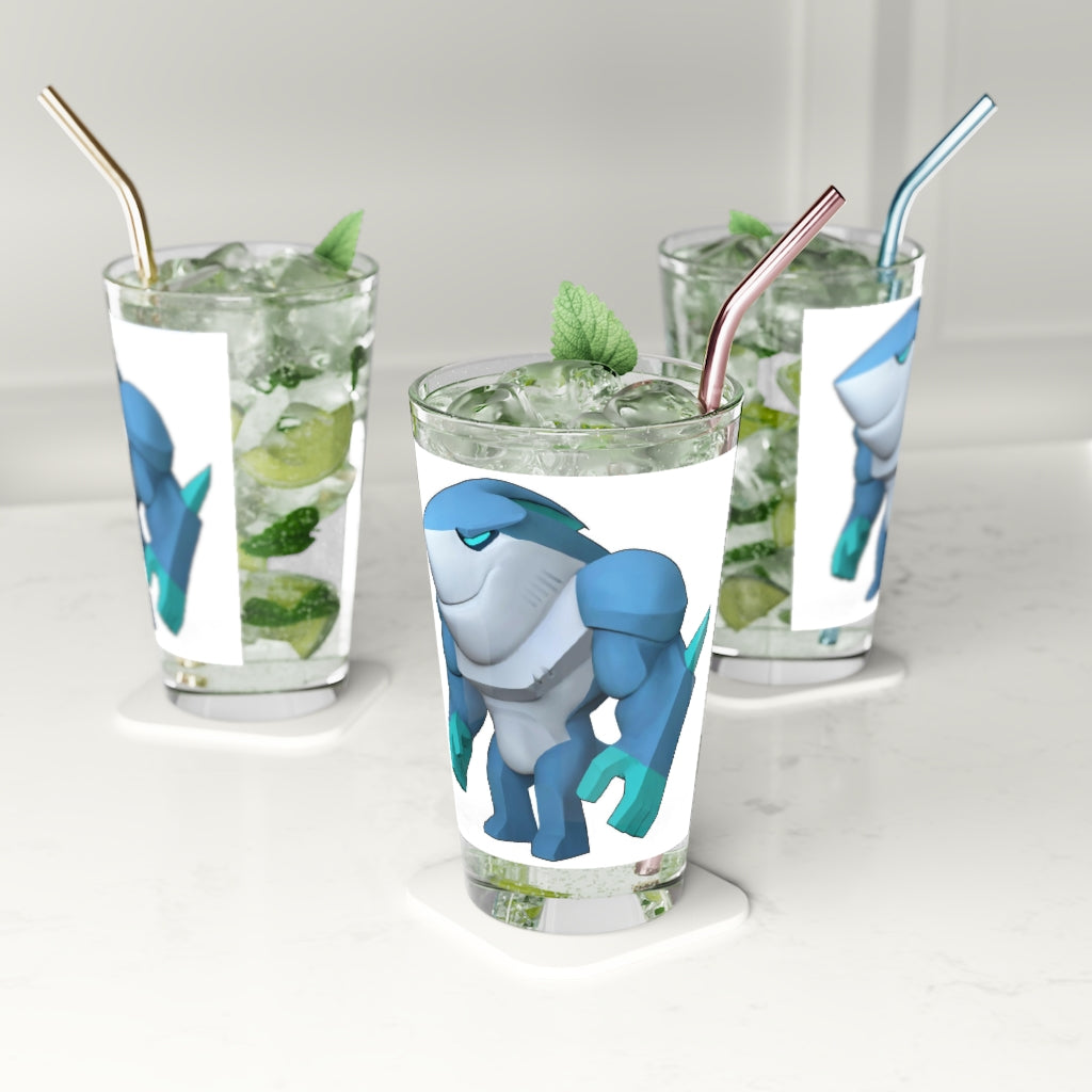 Ice Shark Pint Glass, 16oz, clear glass with custom printing options, ideal for beverages.