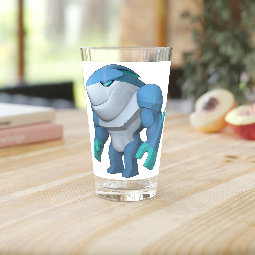 Ice Shark Pint Glass, 16oz, clear glass with custom printing options, ideal for beverages.