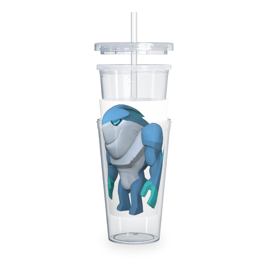 Ice Shark Plastic Tumbler with Straw, featuring a customizable design and double wall insulation, perfect for parties and events.