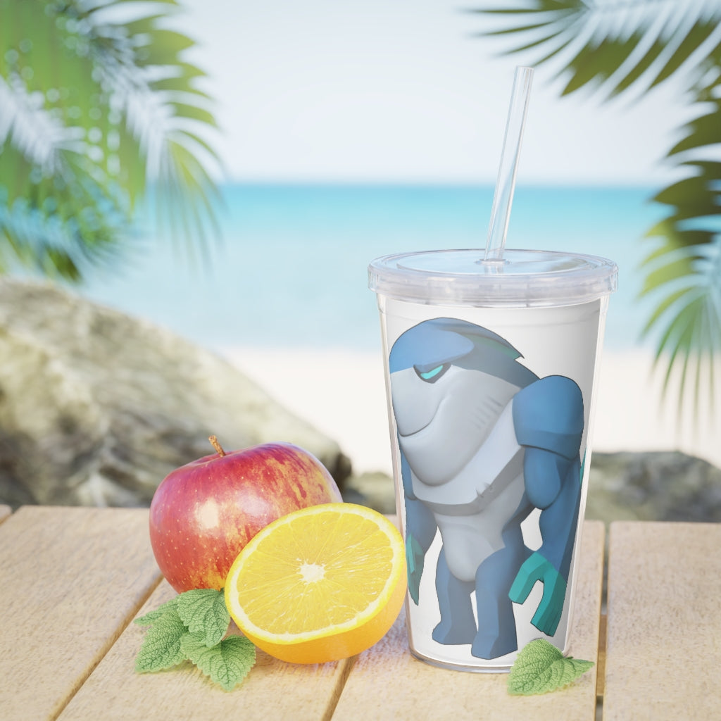 Ice Shark Plastic Tumbler with Straw, featuring a customizable design and double wall insulation, perfect for parties and events.