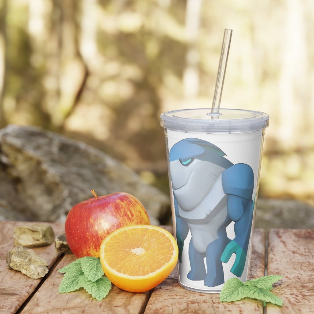 Ice Shark Plastic Tumbler with Straw, featuring a customizable design and double wall insulation, perfect for parties and events.