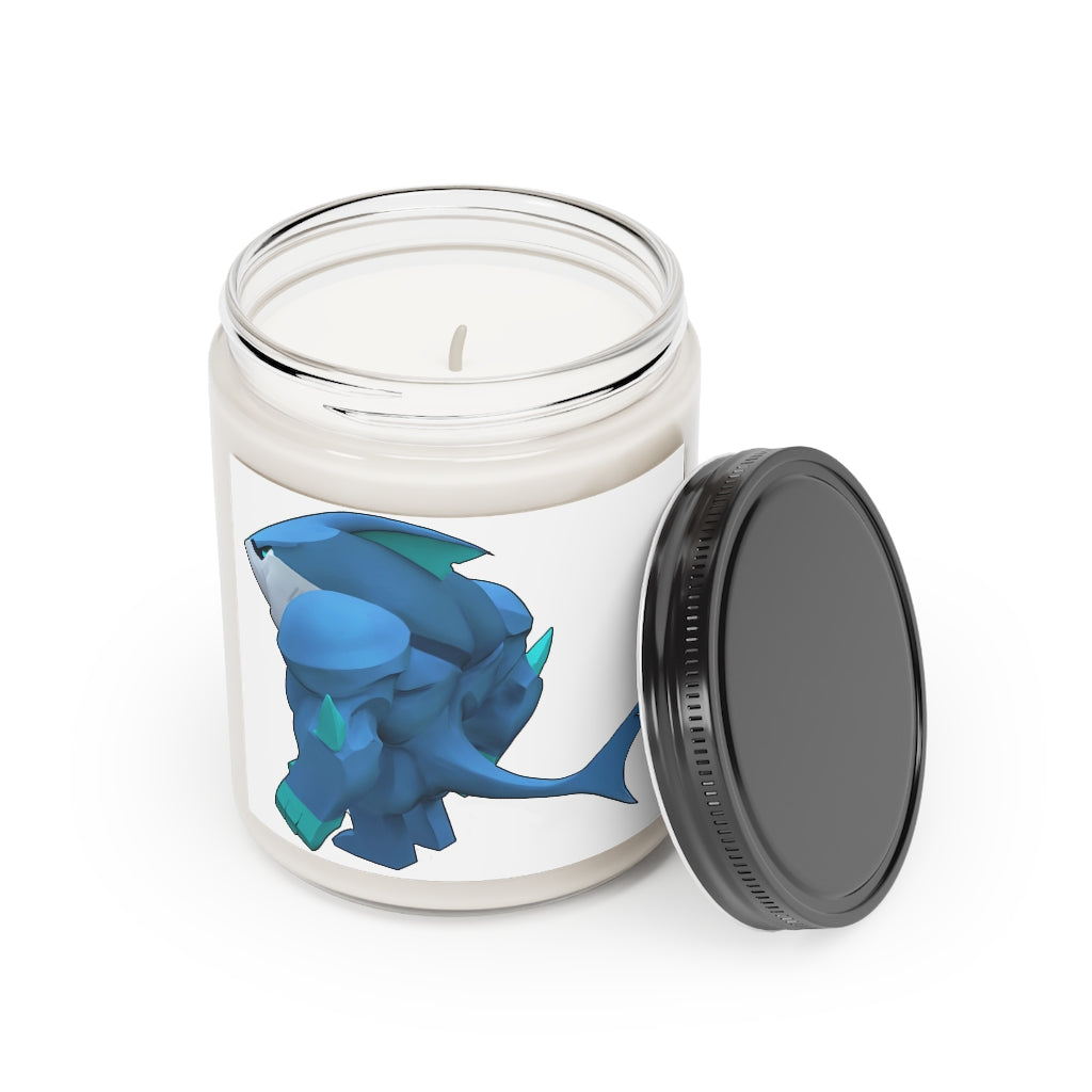 Ice Shark Scented Candle in a glass container, featuring a permanent label, available in Cinnamon Stick and Vanilla fragrances.