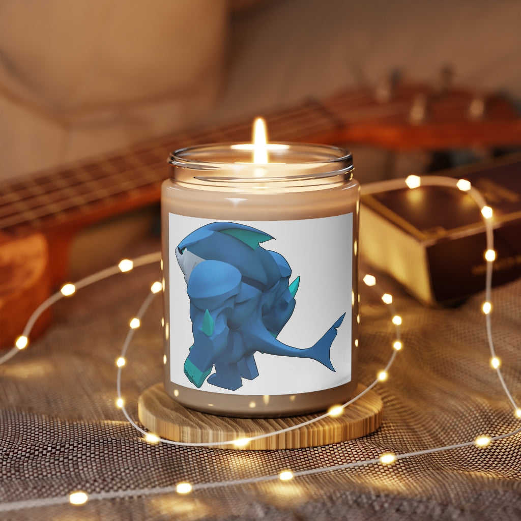 Ice Shark Scented Candle in a glass container, featuring a permanent label, available in Cinnamon Stick and Vanilla fragrances.